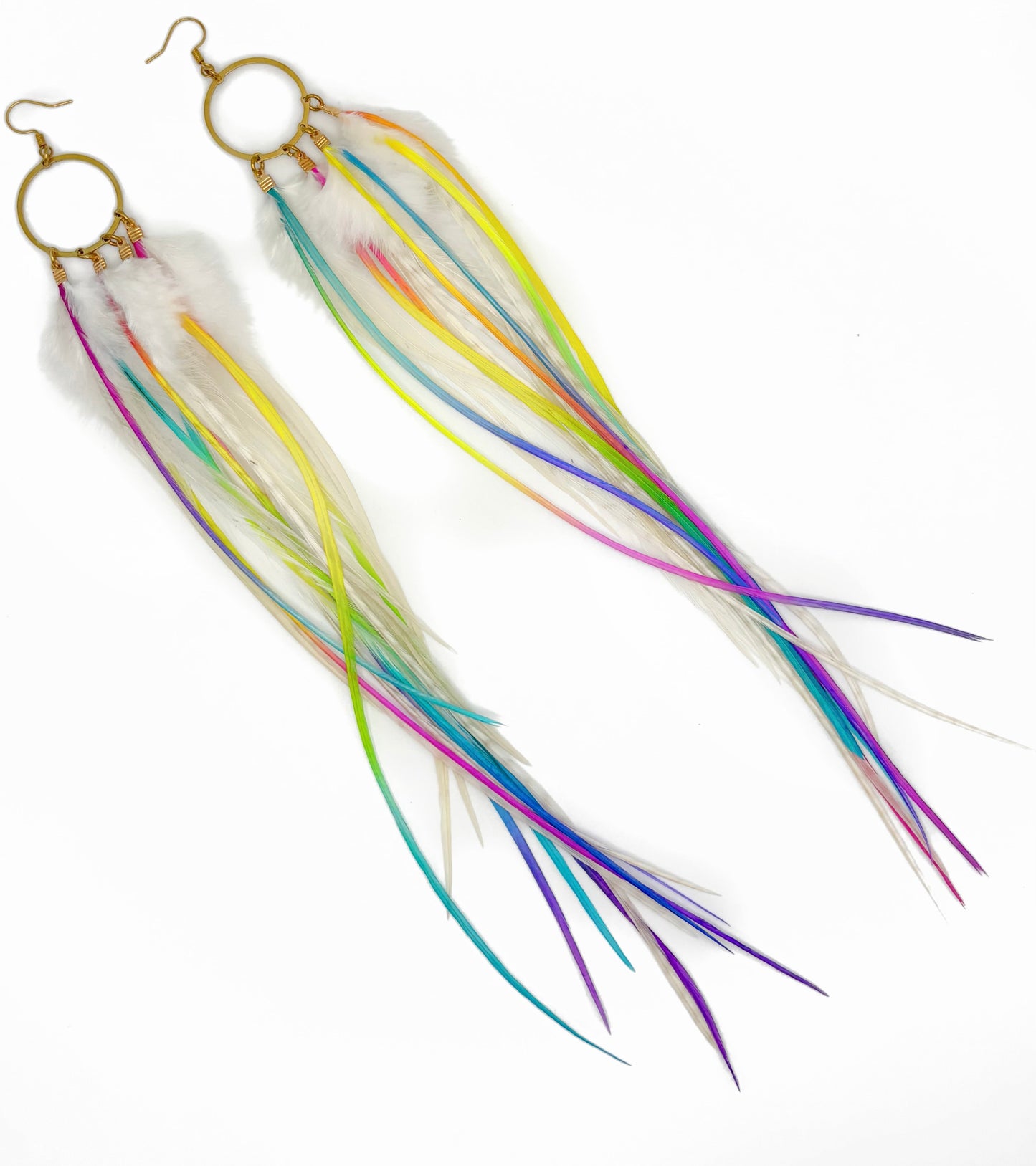 Long white and rainbow feather earrings.