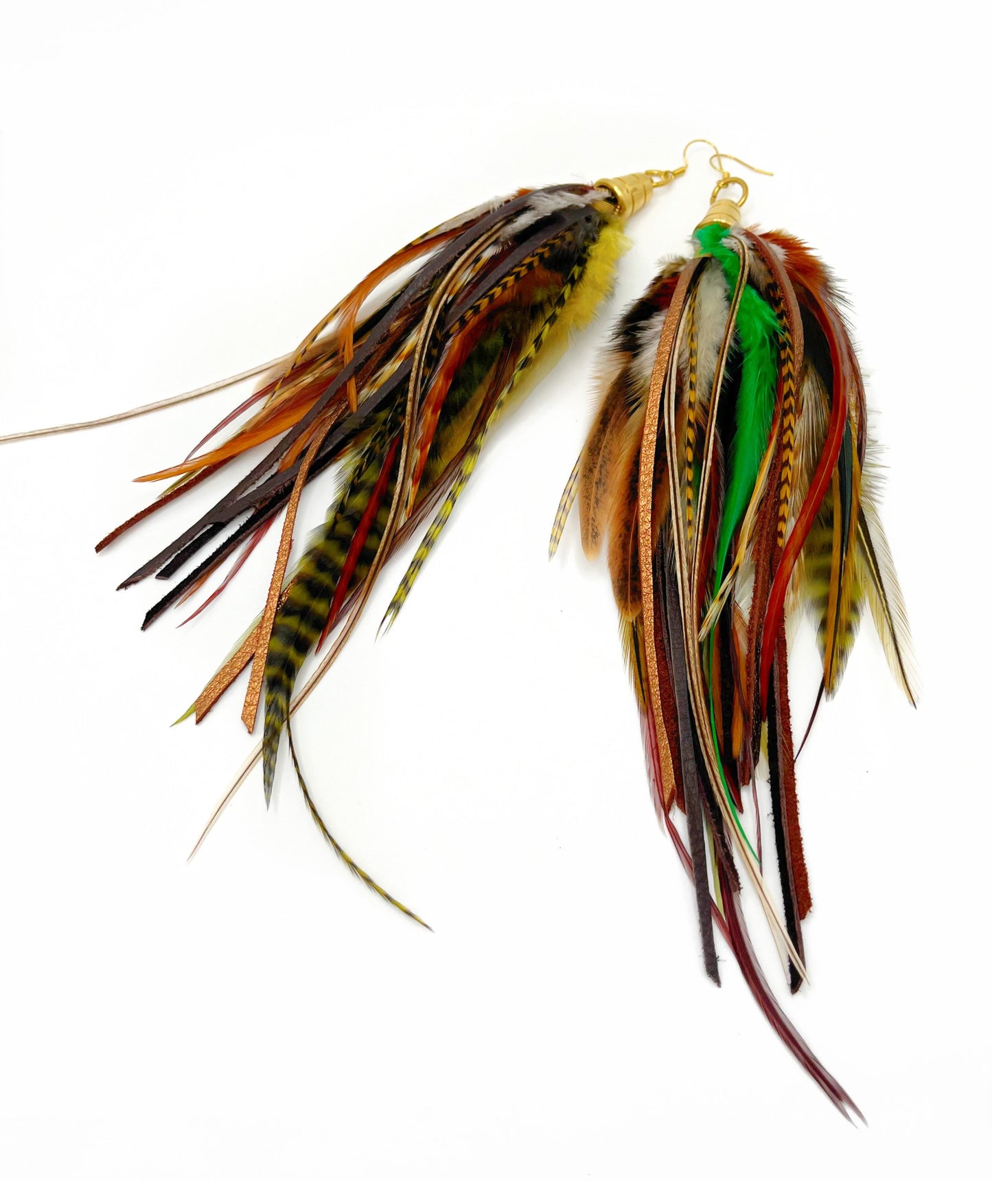 Long thick feather and leather earrings in rich brown and green tones.