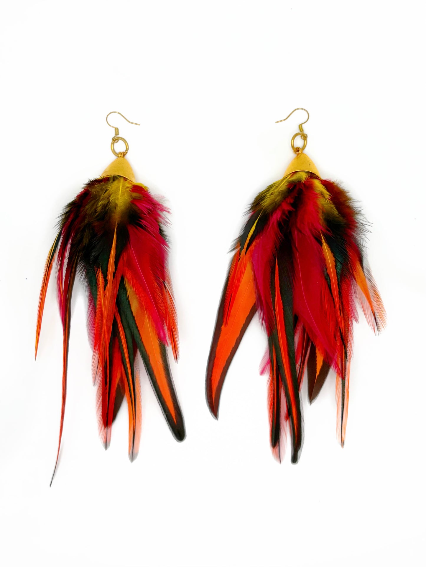 Fluffy red and orange feather earrings.