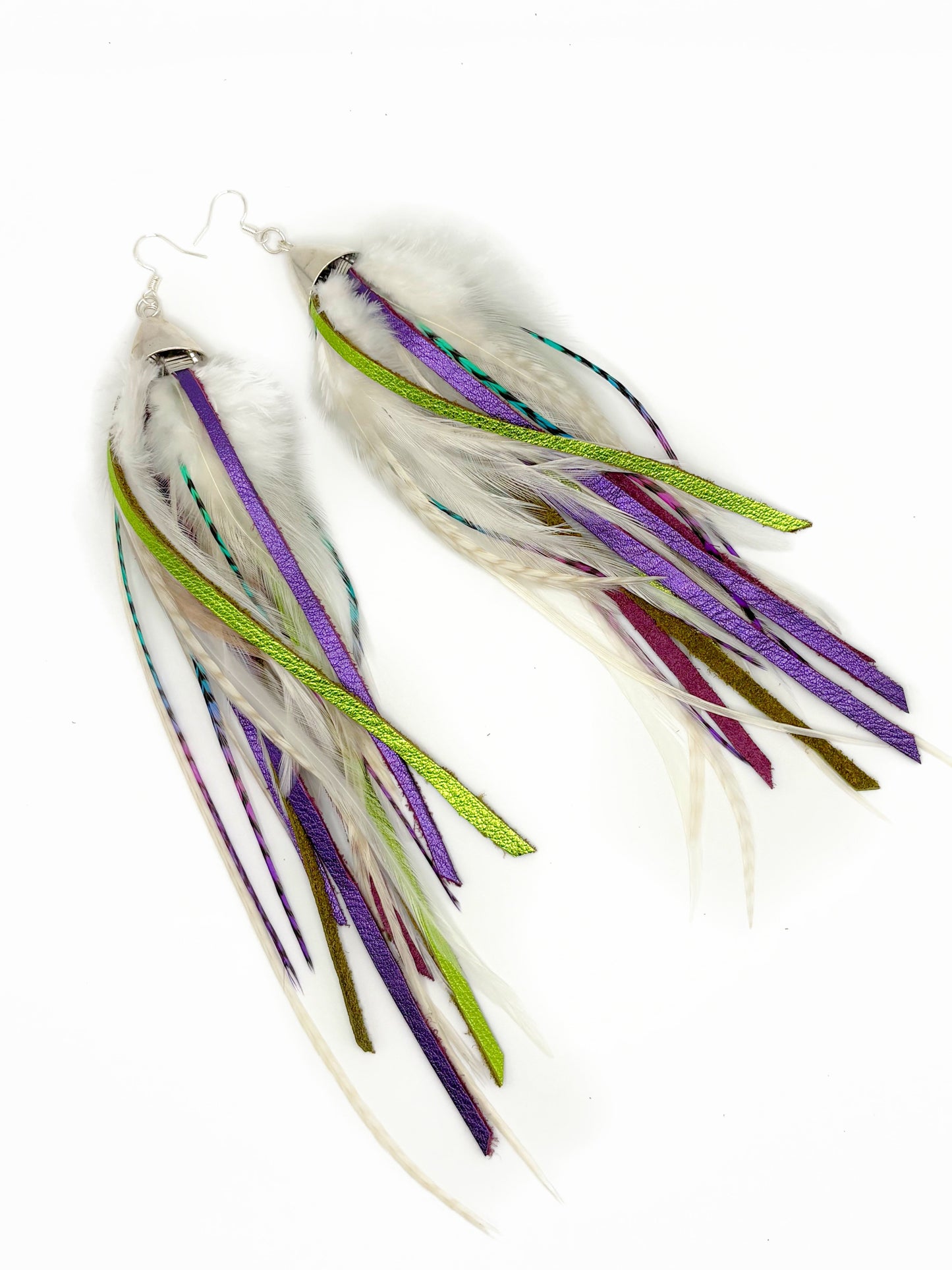 Long Bohemian Feather & Leather Earrings - White Spring