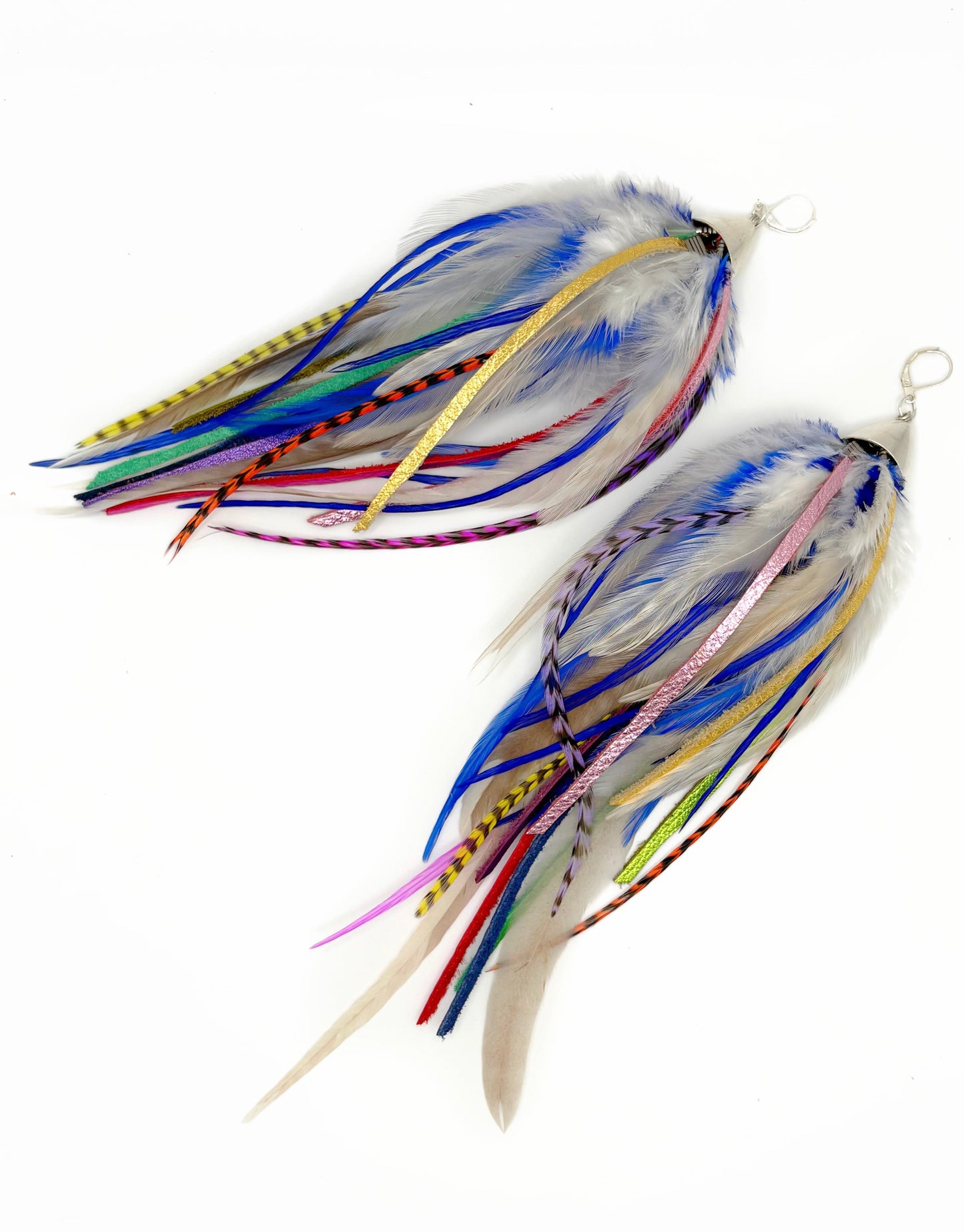 Fluffy white and rainbow feather and leather earrings.