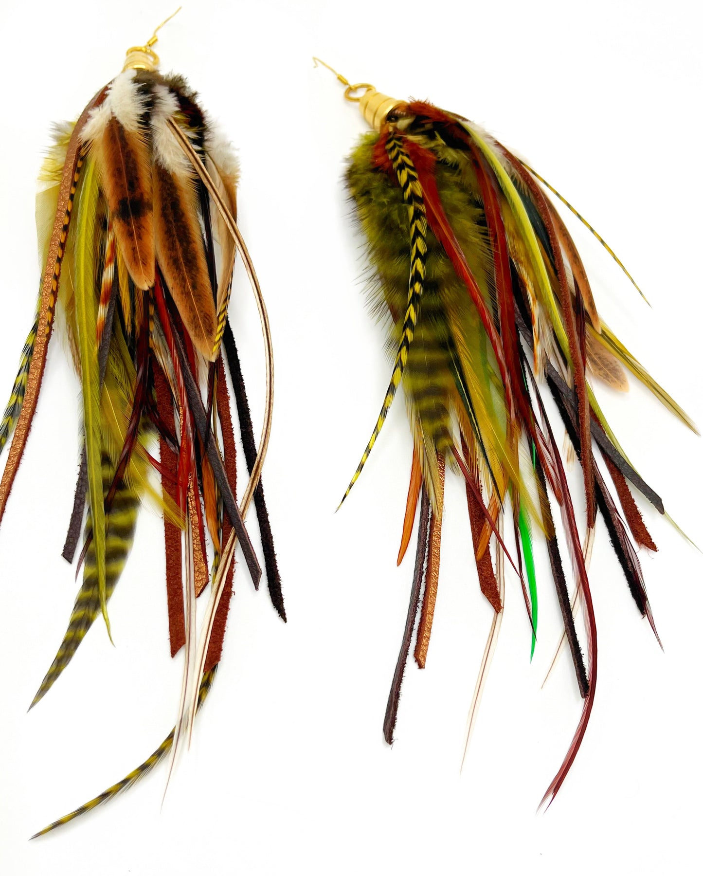 Long thick feather and leather earrings in rich brown and green tones.