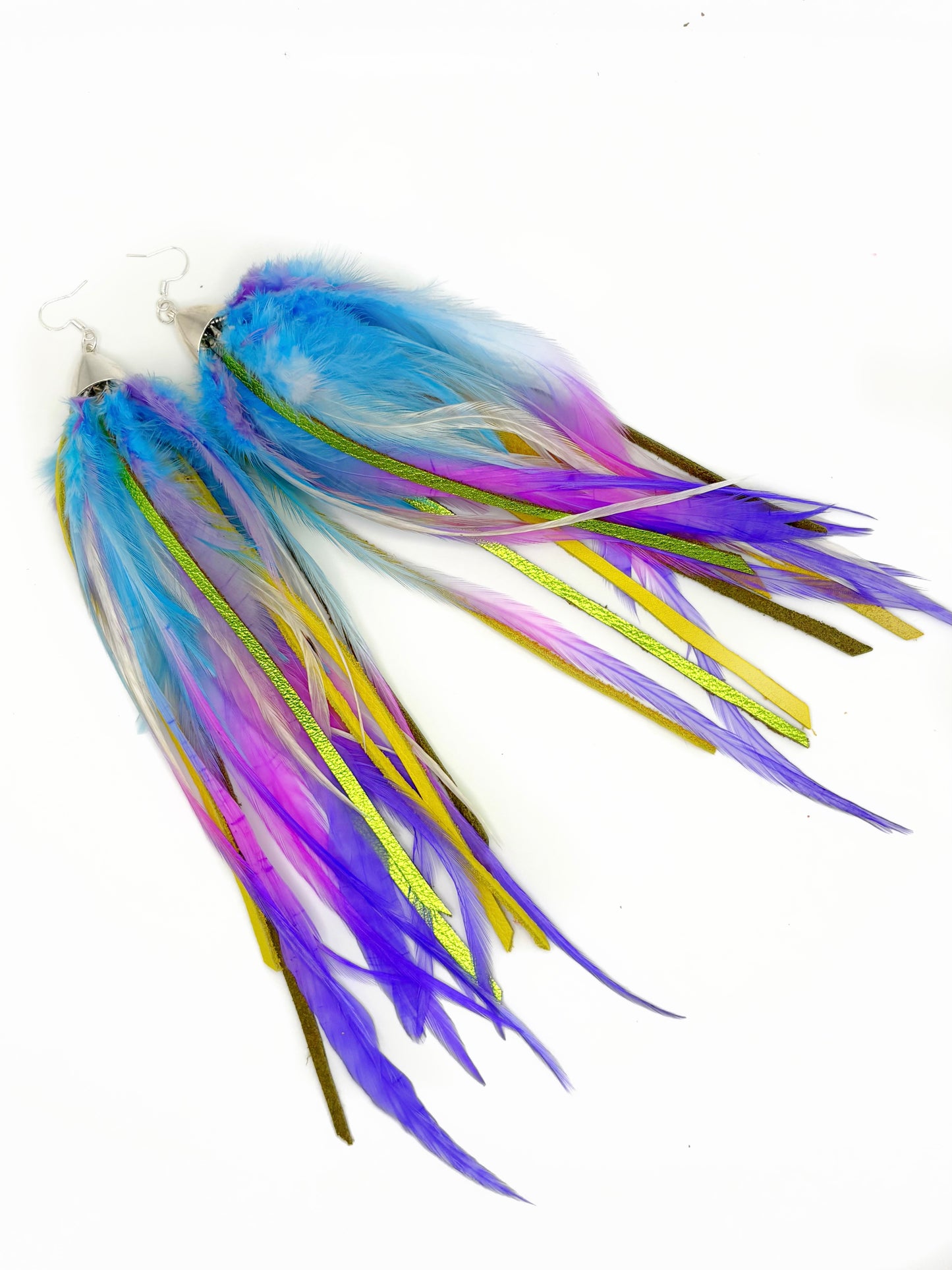 Vibrant feather and leather earrings in blue, pink, purple, yellow and green.