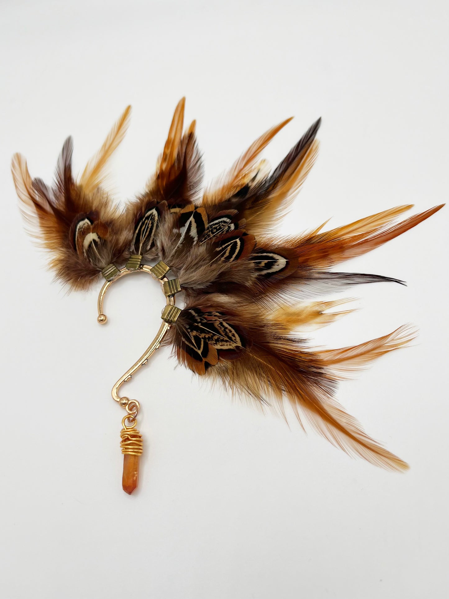 Artisanal Feather Ear Wrap Cuff with Quartz Stone - Hypoallergenic & No-Pierce Design - Brown Beauty