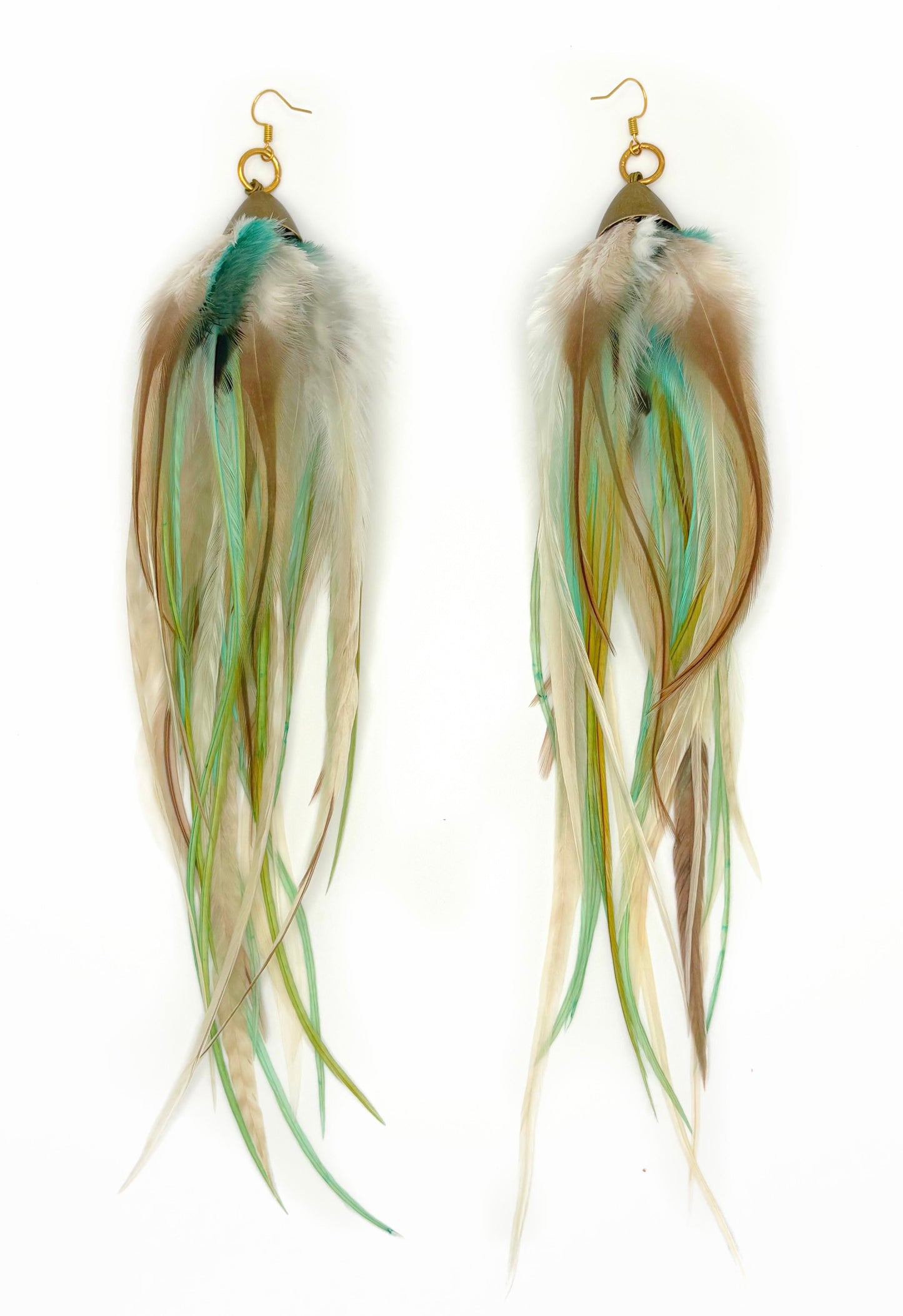 Long green and beige feather earrings.