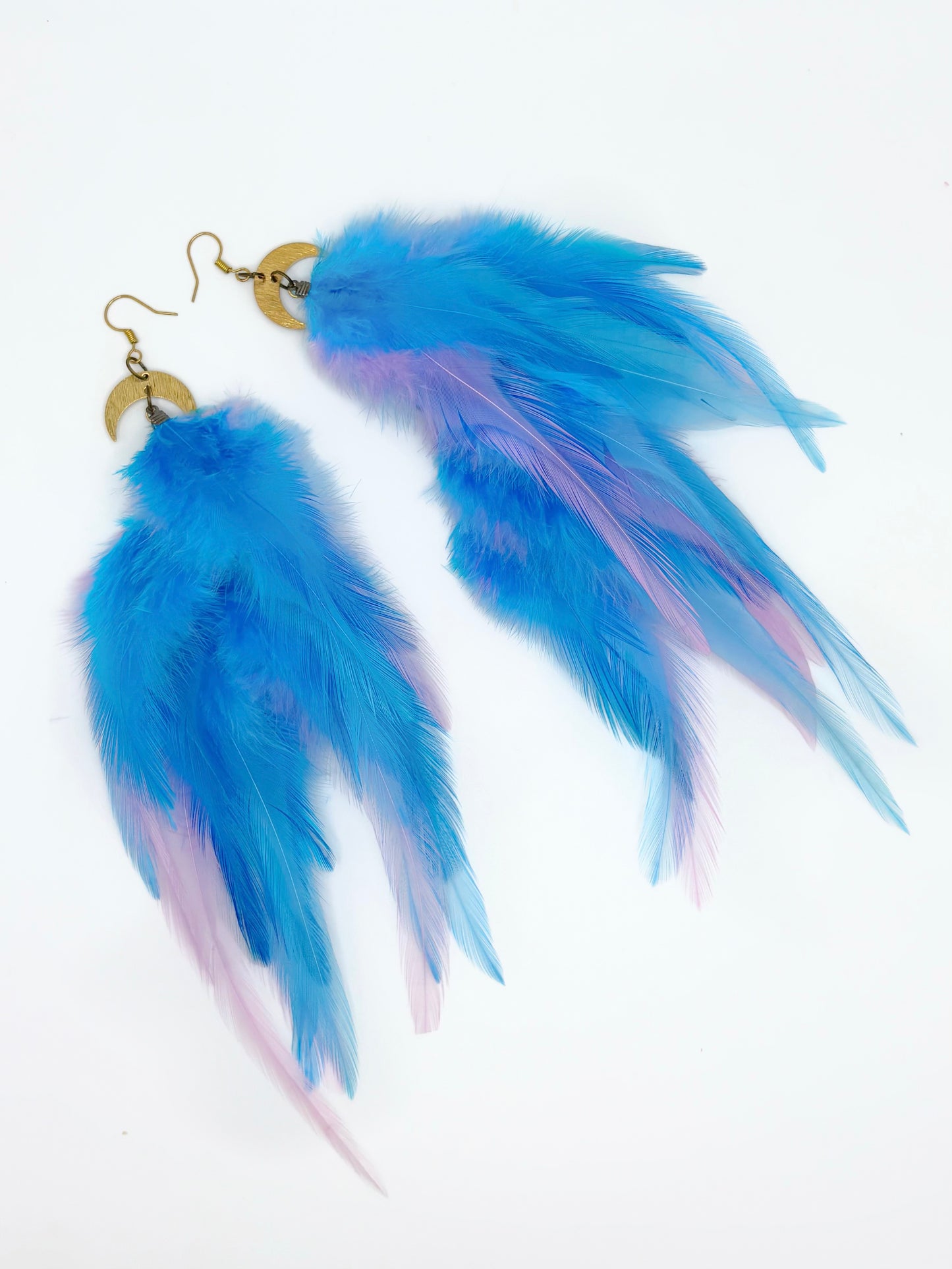 Long blue feather earrings.