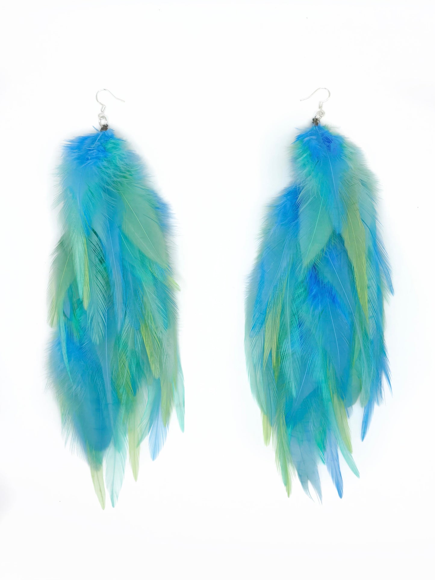 Long blue and green feather earrings.