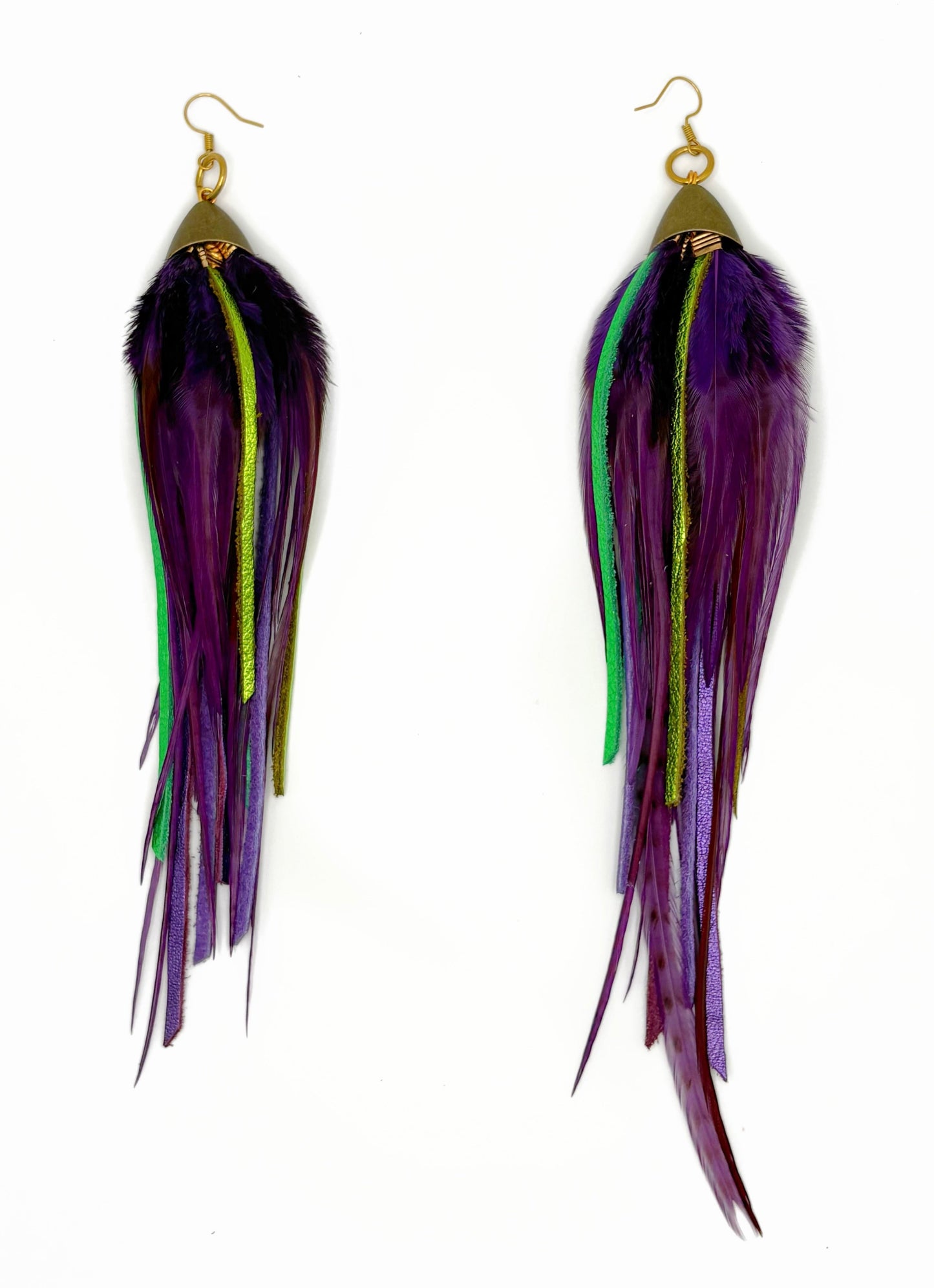 Long purple feather earrings with green leather.