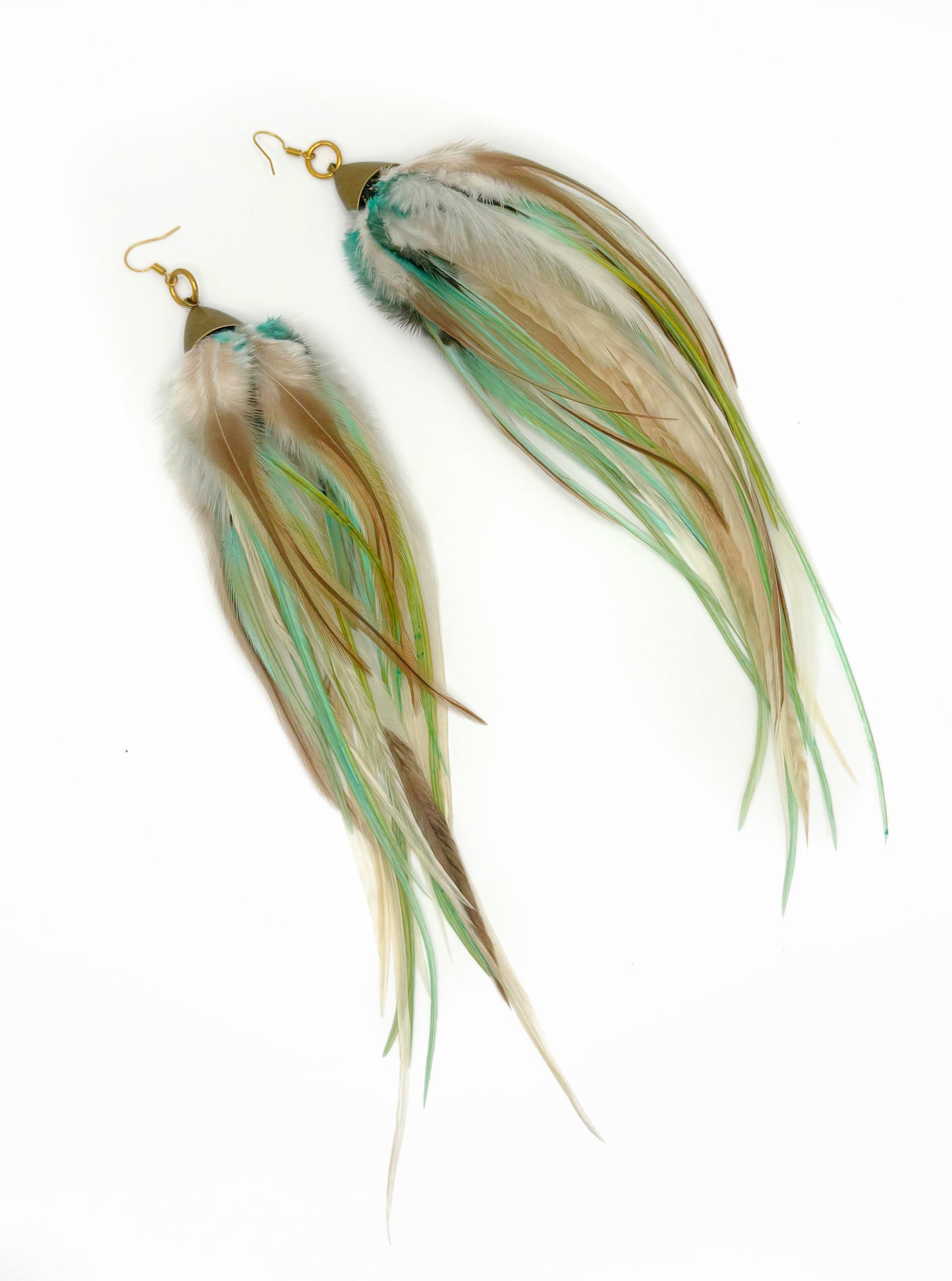 Long green and beige feather earrings.
