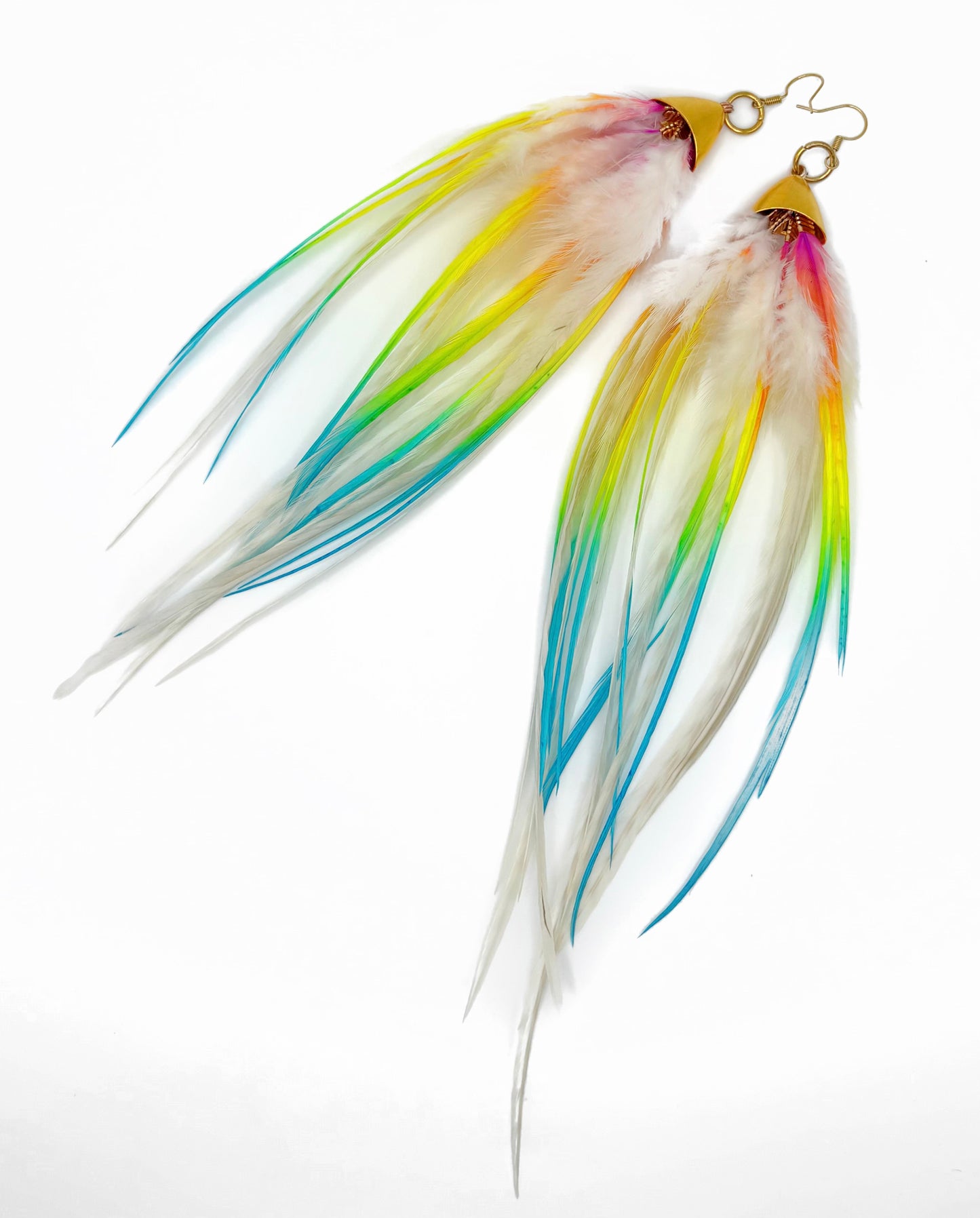 Long rainbow feather earrings.