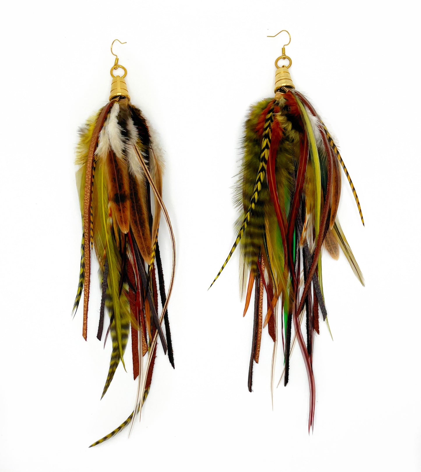 Long thick feather and leather earrings in rich brown and green tones.