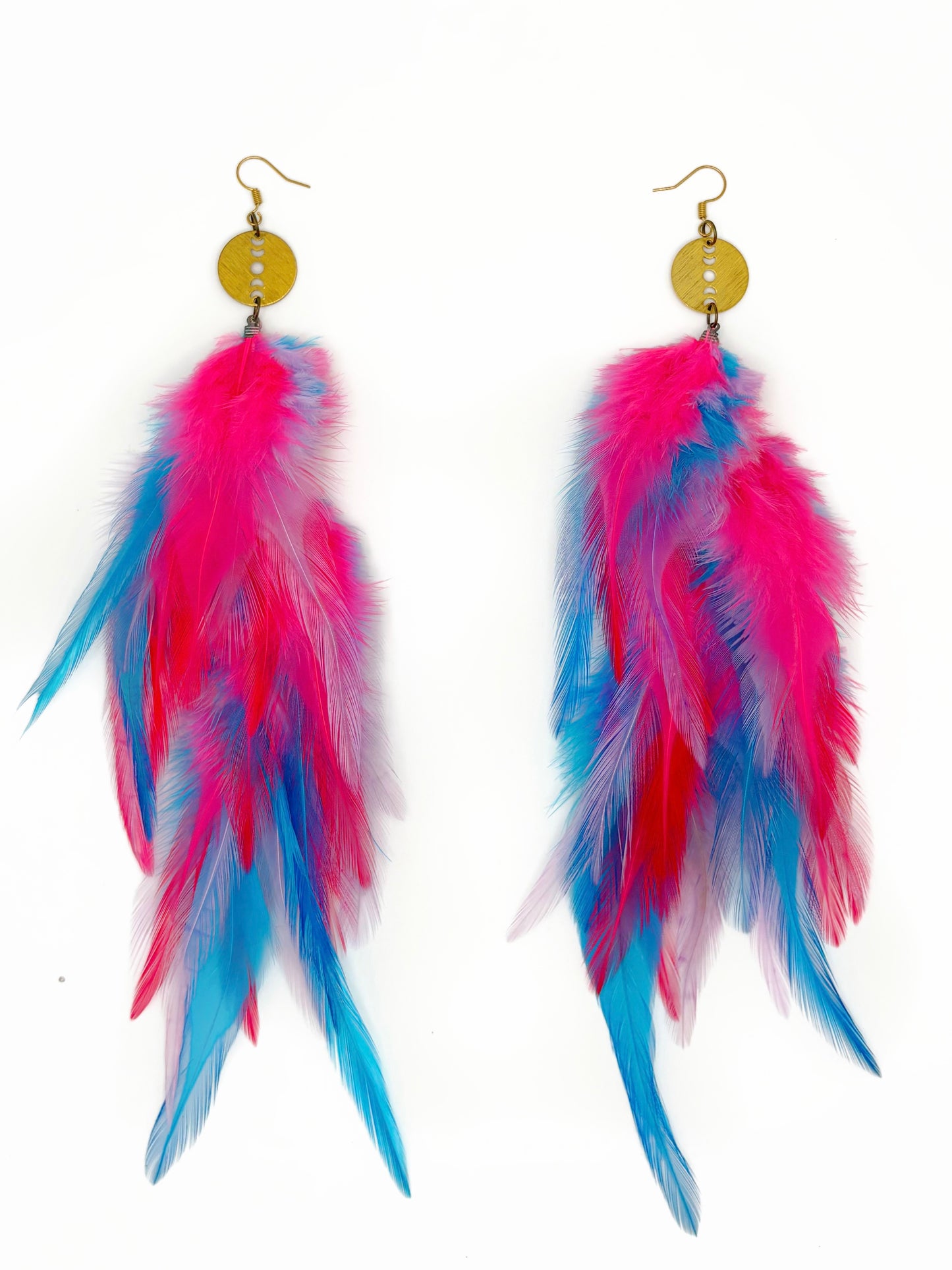 Pink and blue feather earrings.