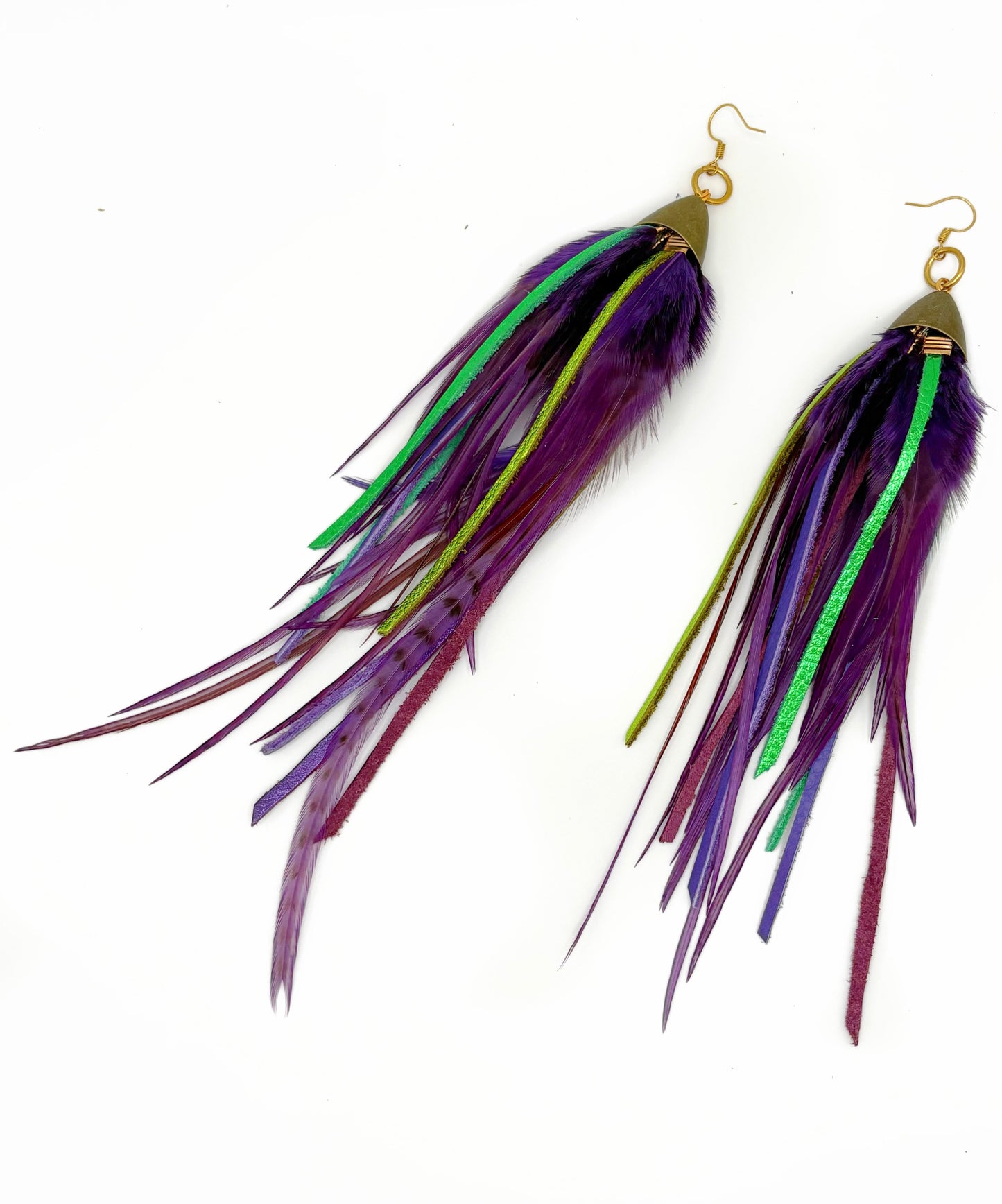 Long purple feather earrings with green leather.
