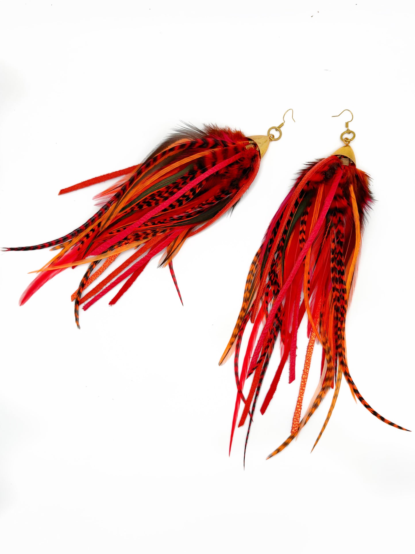 Long red feather earrings,