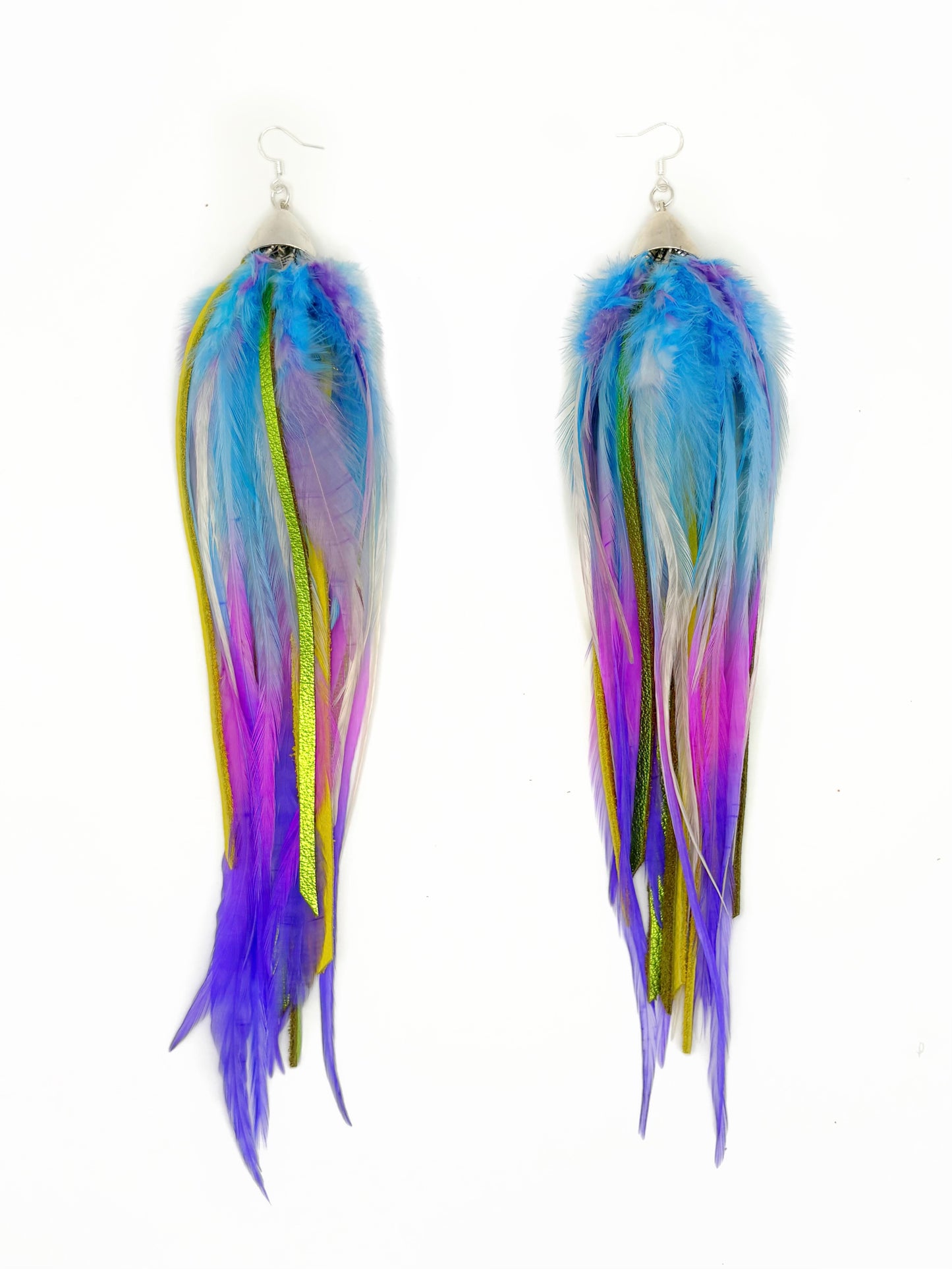 Vibrant feather and leather earrings in blue, pink, purple, yellow and green.