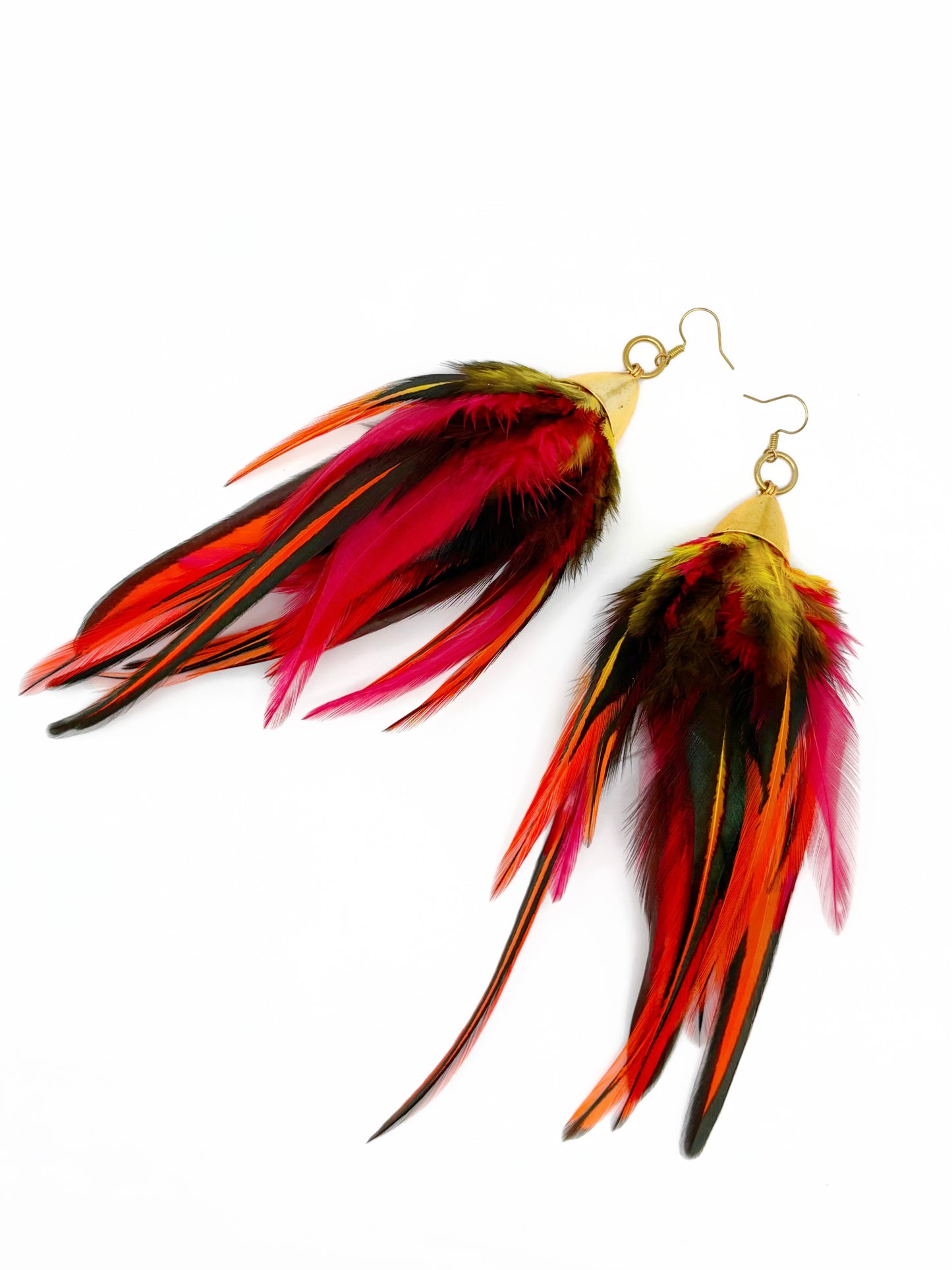 Fluffy red and orange feather earrings.