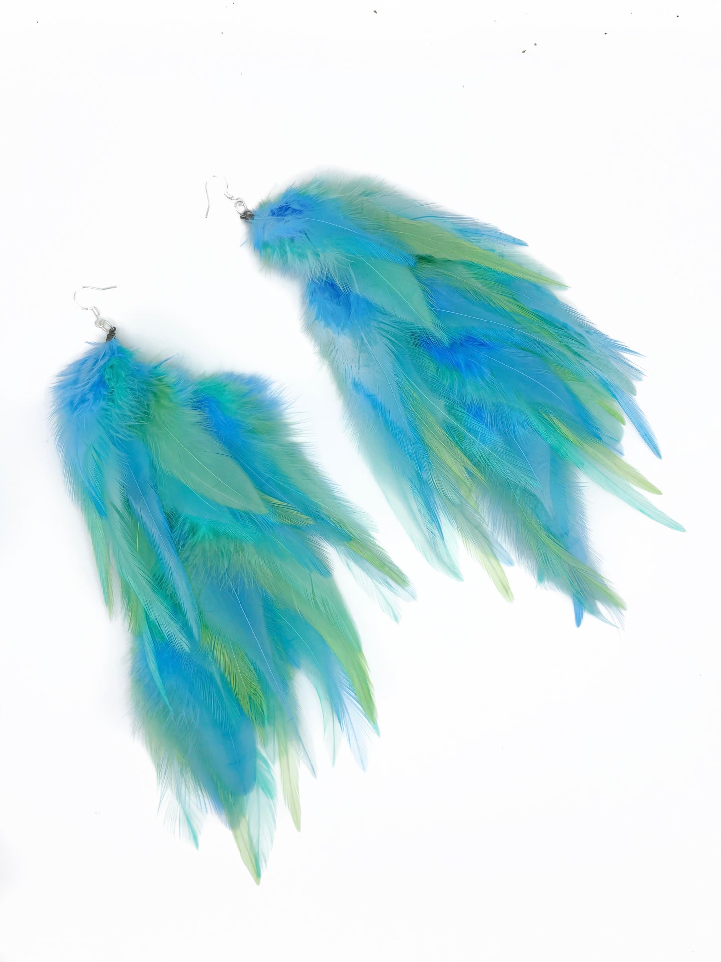 Long blue and green feather earrings.