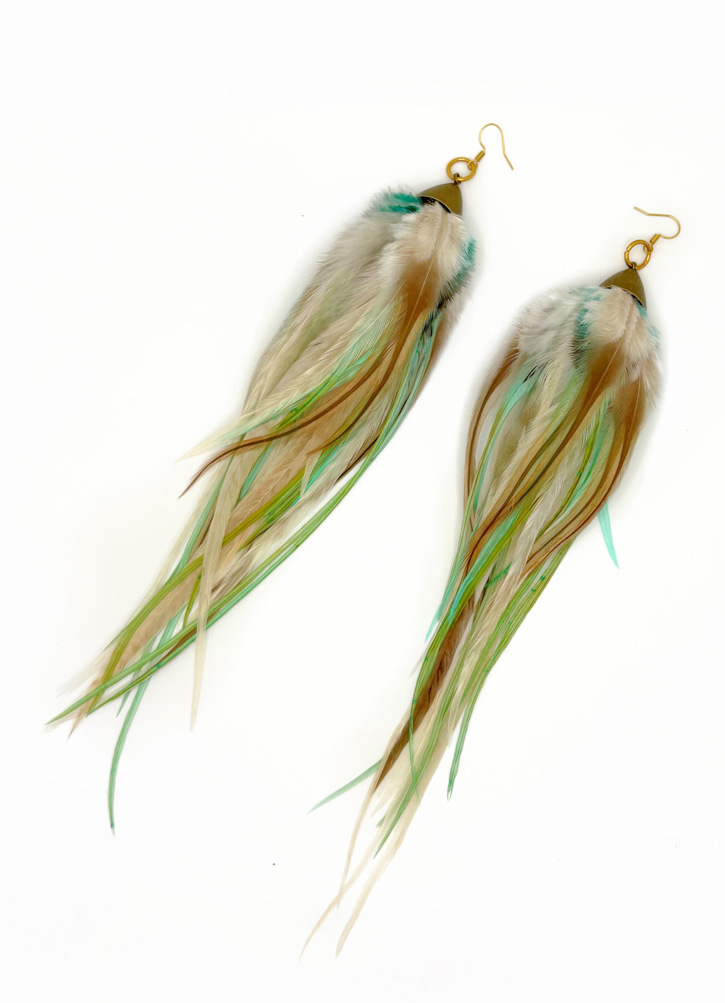 Long green and beige feather earrings.