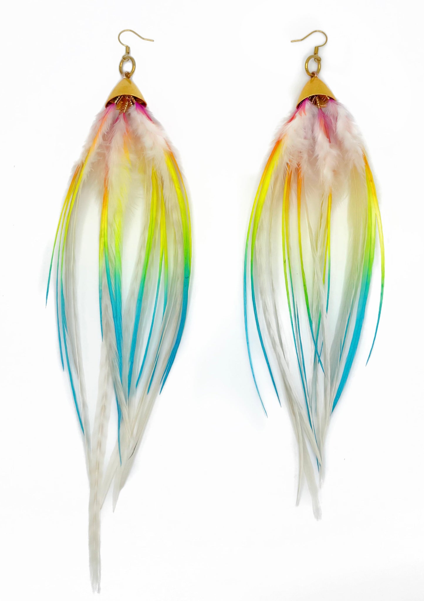 Long neon rainbow feather earrings.