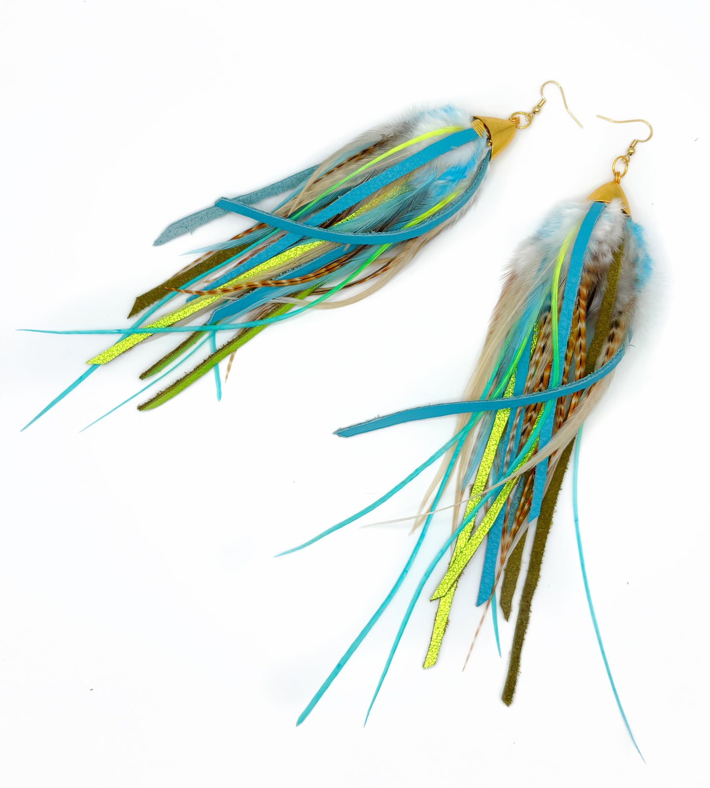 Long Bohemian Feather & Leather Earrings - Tropical Neons
