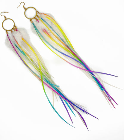 Long white and rainbow feather earrings. 