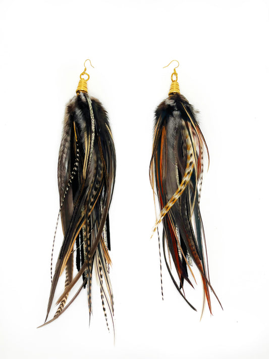 Extra long rooster feather earrings in dark brown tones with hang cut leather. 