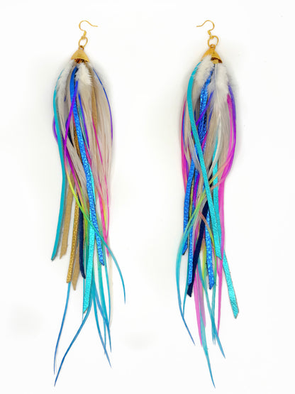 Multicolored feather-like earrings on a white background