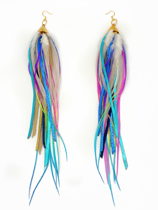 Multicolored feather-like earrings on a white background