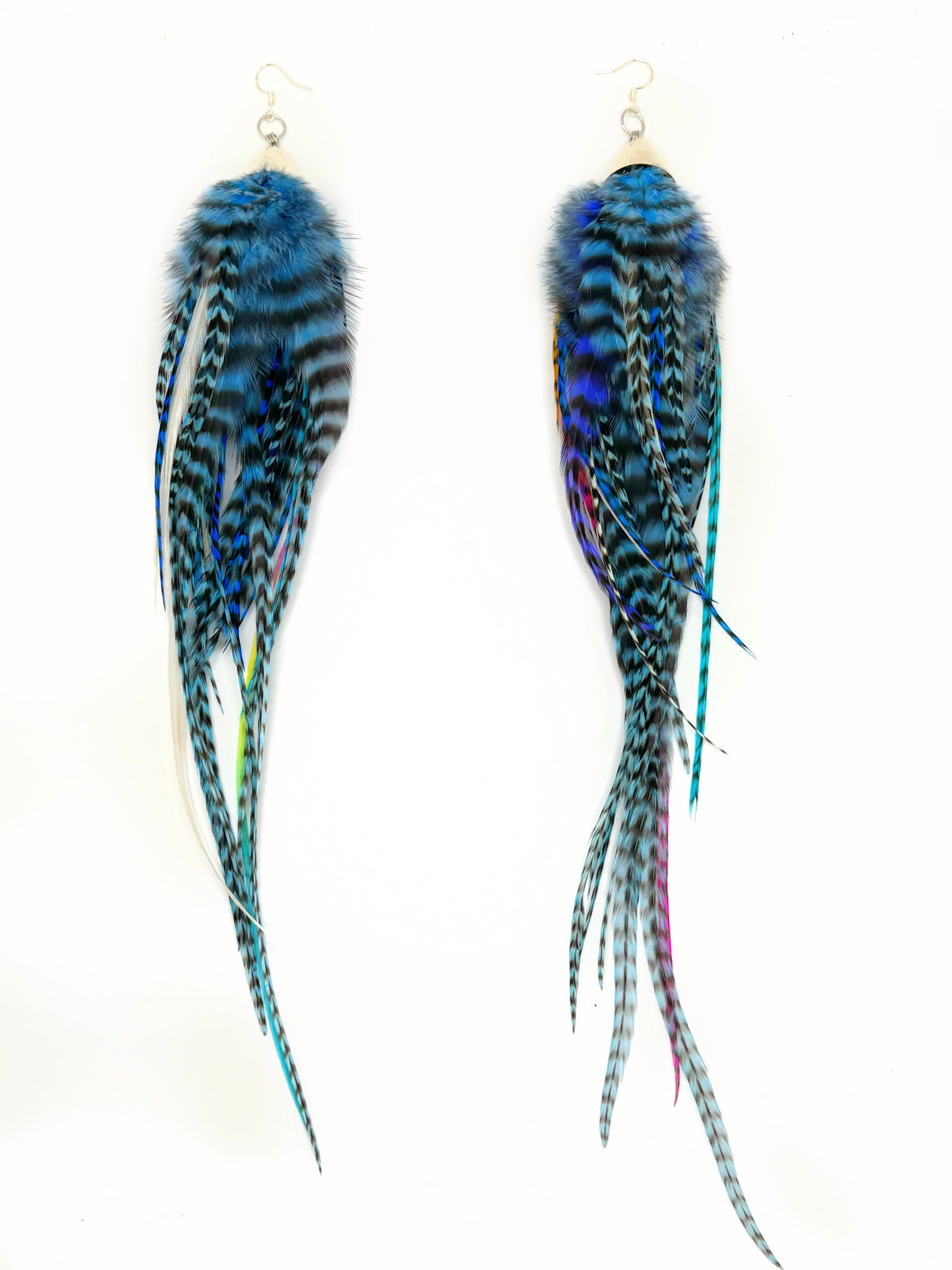 One-of-a-kind long bohemian feather earrings with fluffy white, blue and neon rooster feathers, silver caps, handmade in Brooklyn.