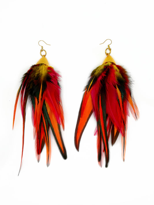 Fluffy red and orange feather earrings. 