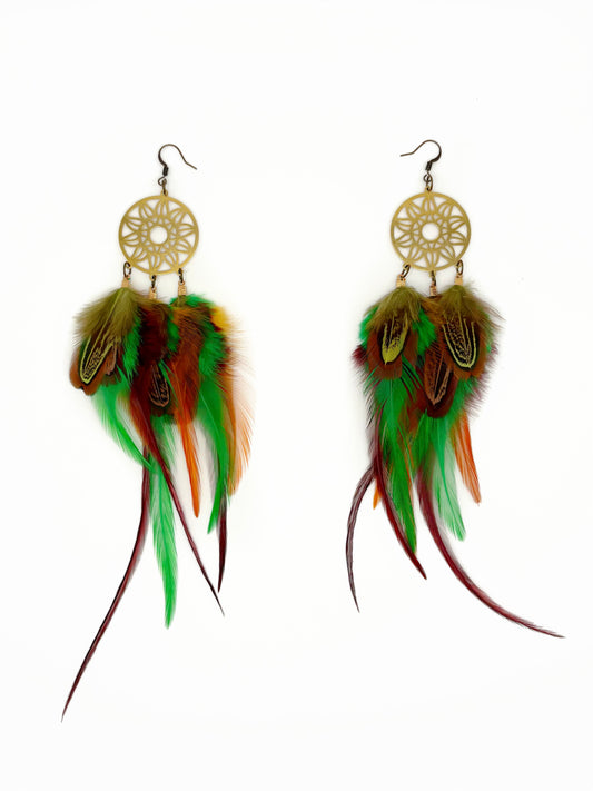 Feather earrings with gold circular designs on a white background