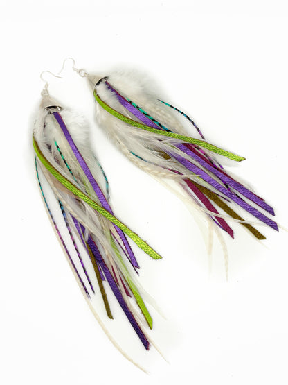 Long Bohemian Feather & Leather Earrings - White Spring
