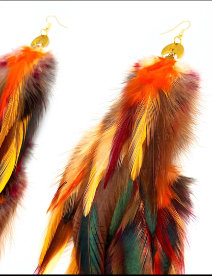 Luxurious Autumn's Gaze Long Feather Earrings with Warm Orange and Brown Tones and Gold moon Pendant.