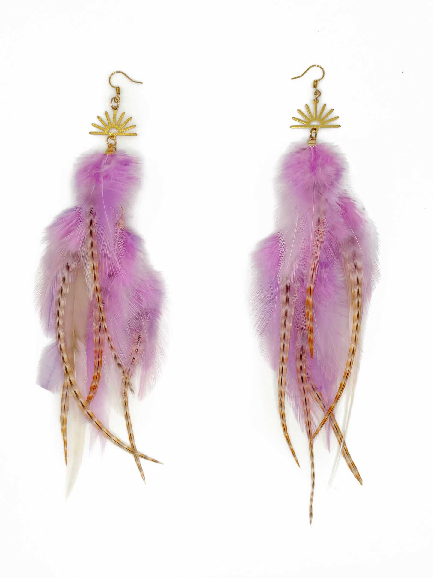 Purple feather earrings with gold accents on a white background