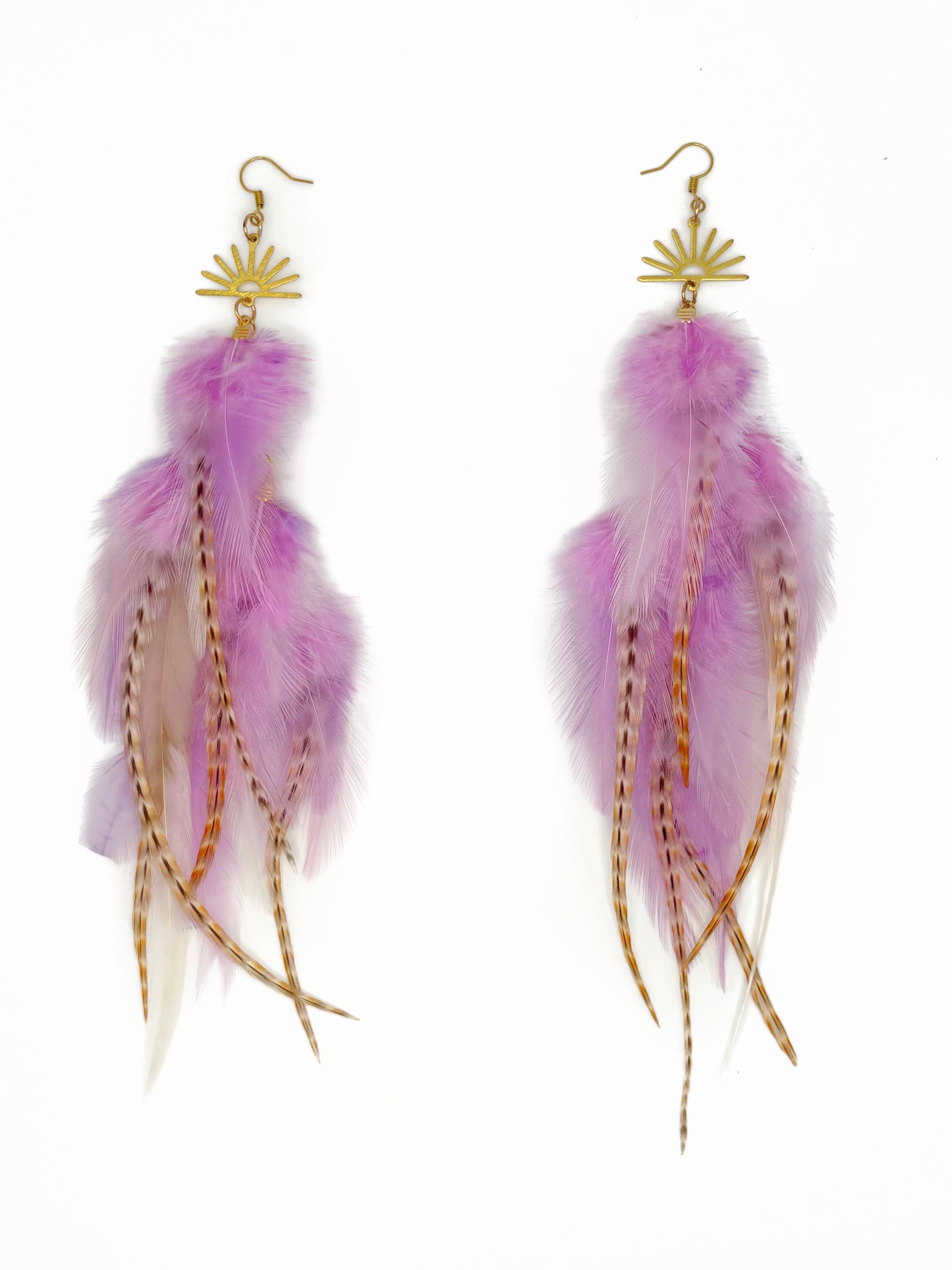 Purple feather earrings with gold accents on a white background