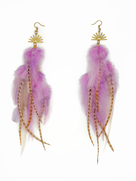 Purple feather earrings with gold accents on a white background