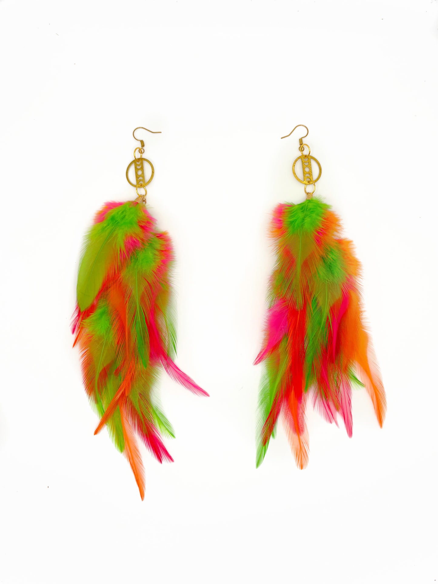 Neon feather earrings on a white background