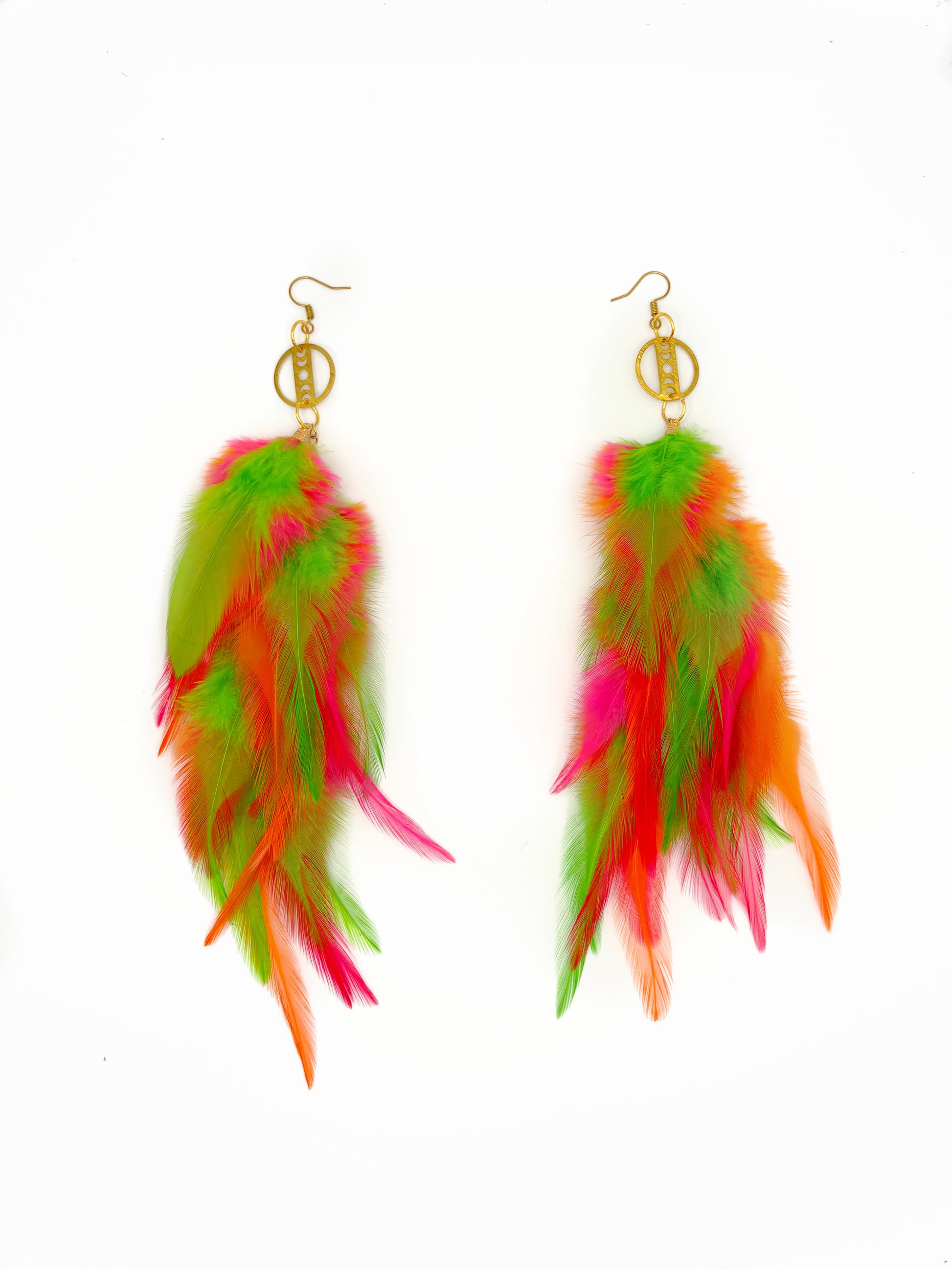 Neon feather earrings on a white background