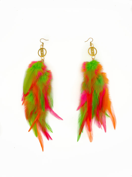 Neon feather earrings on a white background