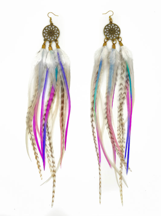 Extra long dream catcher feather earrings in white and pastel pink, purple and blue tones. 