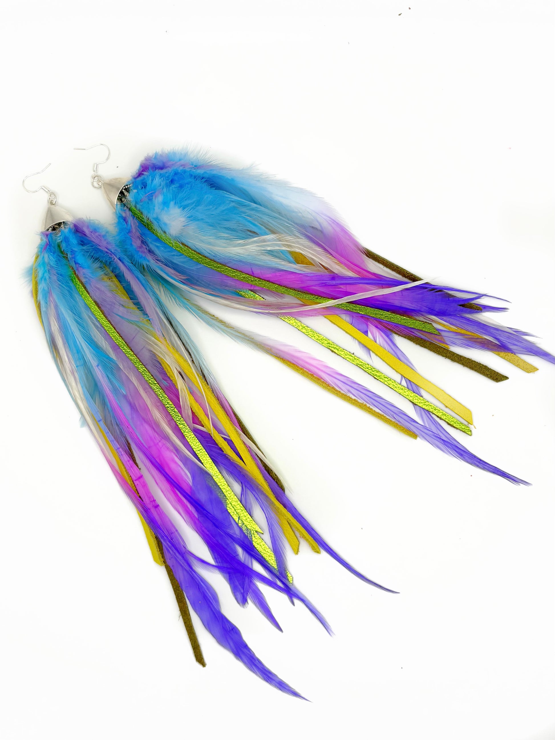 Vibrant feather and leather earrings in blue, pink, purple, yellow and green. 