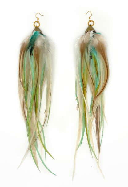 Long green and beige feather earrings. 