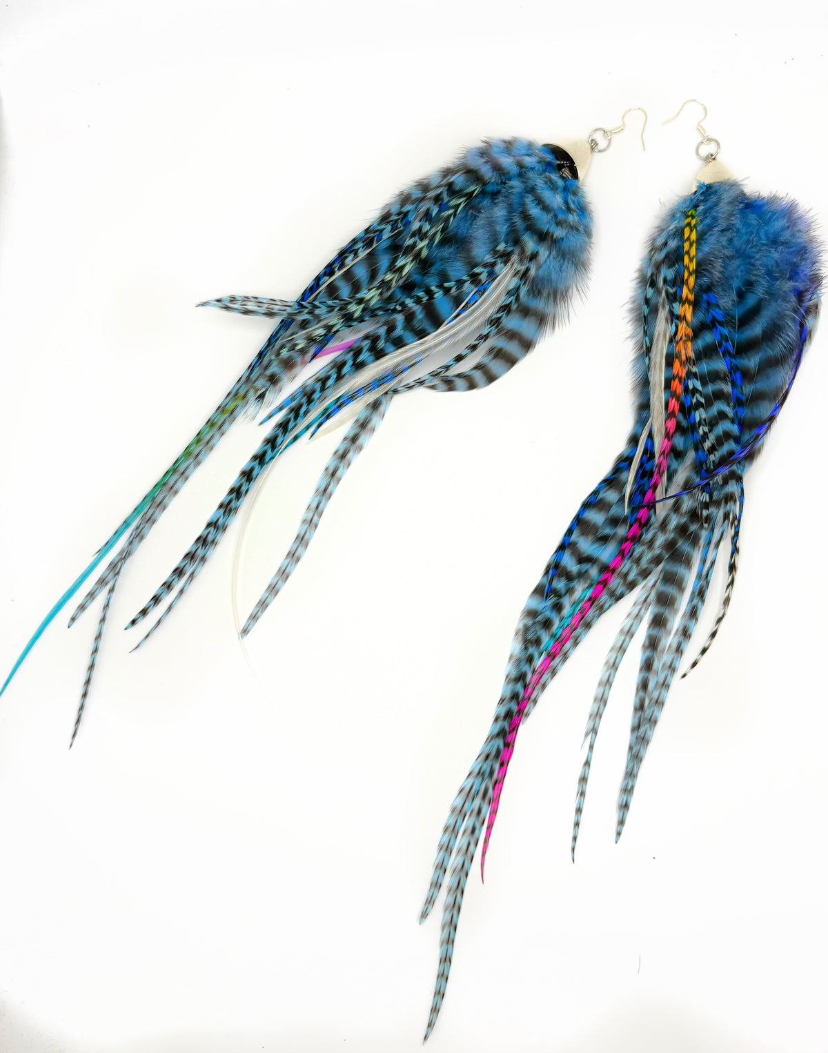 One-of-a-kind long bohemian feather earrings with fluffy white, blue and neon rooster feathers, silver caps, handmade in Brooklyn.