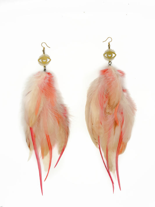 Long cream and pink feather earrings.