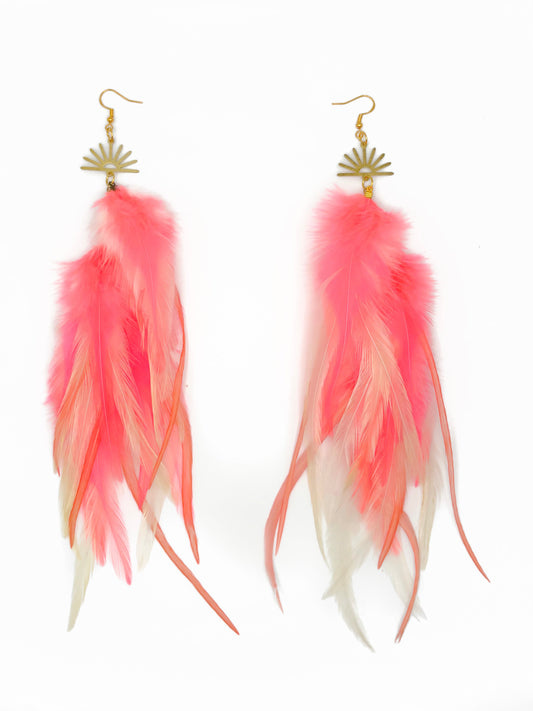 Long pink feather earrings. 
