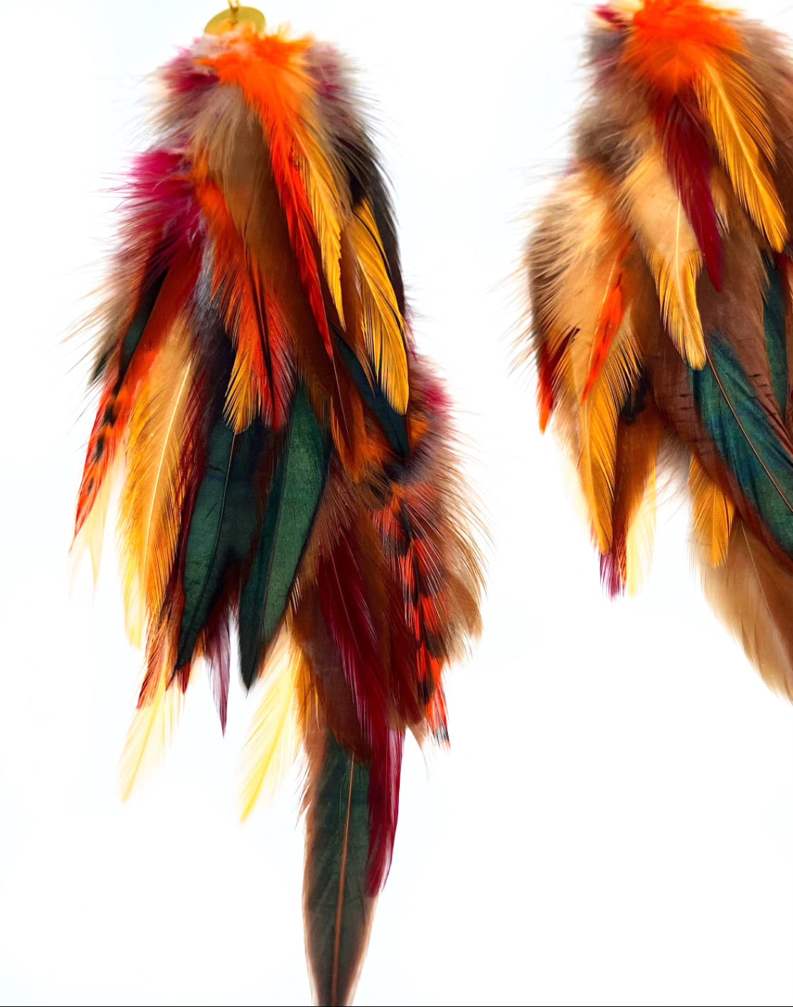 Luxurious Autumn's Gaze Long Feather Earrings with Warm Orange and Brown Tones and Gold moon Pendant.