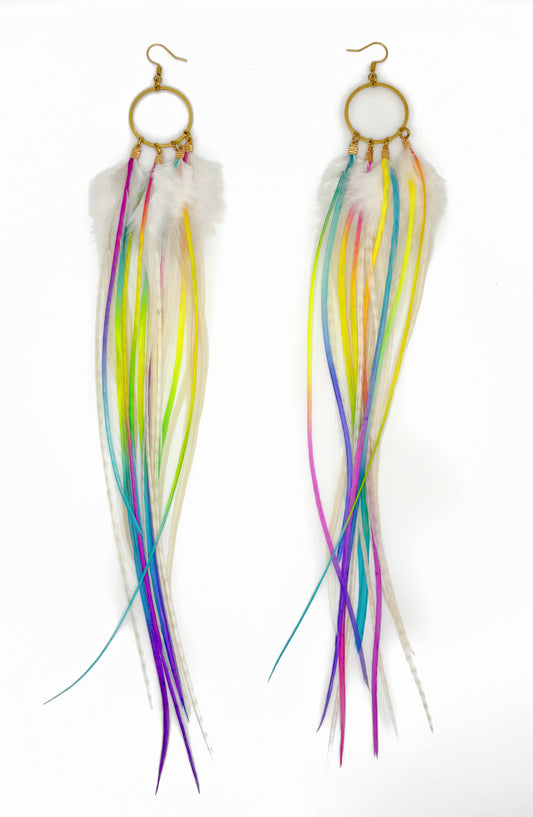 Pair of feather earrings with colorful strands on a white background