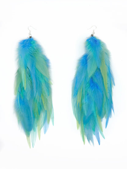Long blue and green feather earrings. 