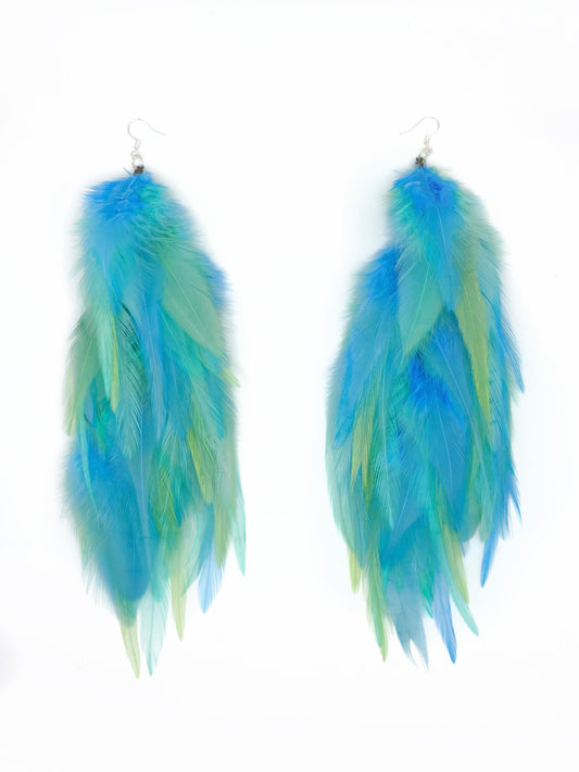 Long blue and green feather earrings. 