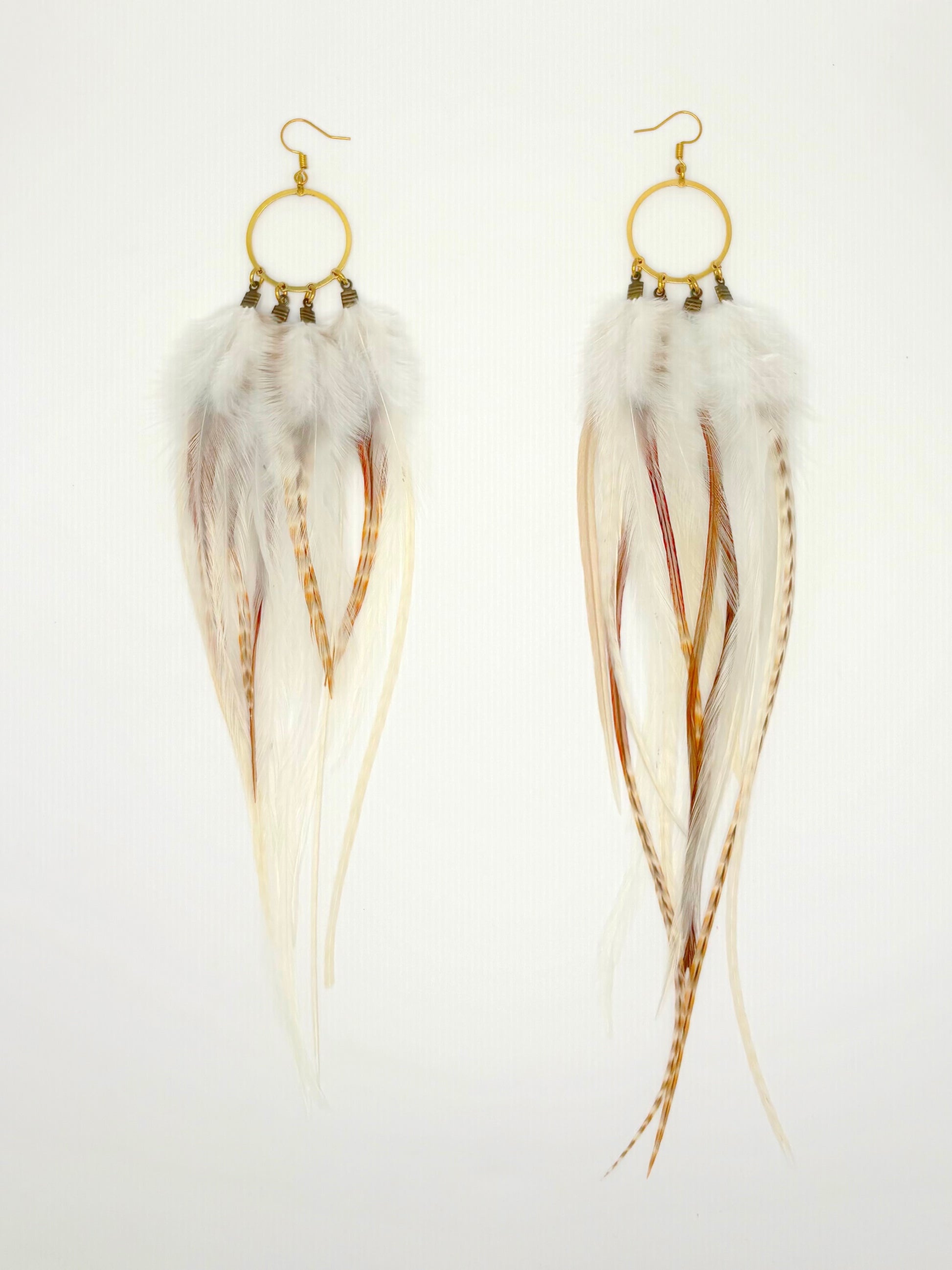 Feather earrings with gold hooks on a white background
